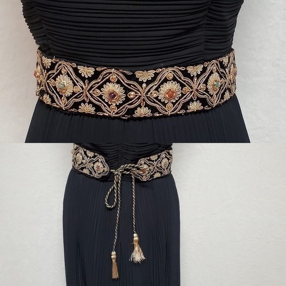 Vintage 80s Silk Gold Silver Metal Filigree Embroidered Tassle Tie-Waist Belt main image 10